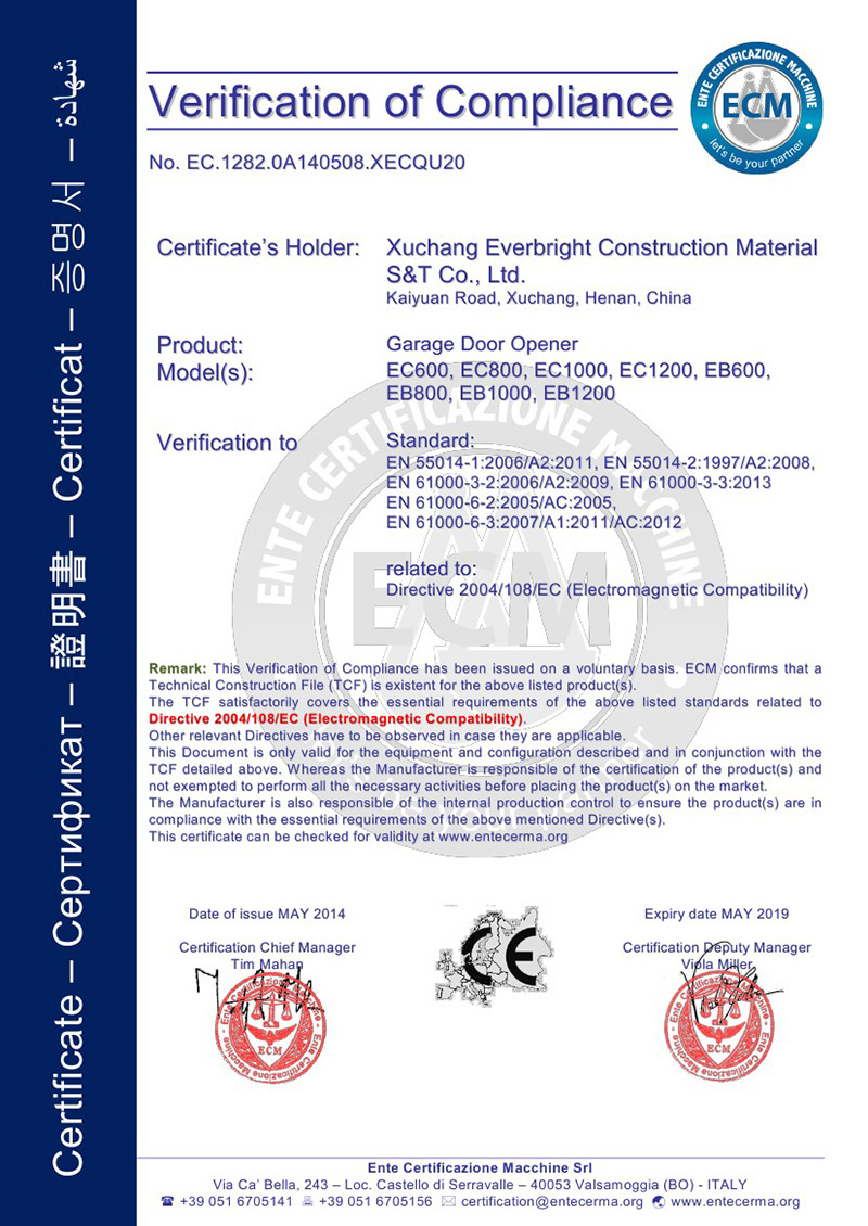 GARAGE DOOR OPENER CE CERTIFICATE