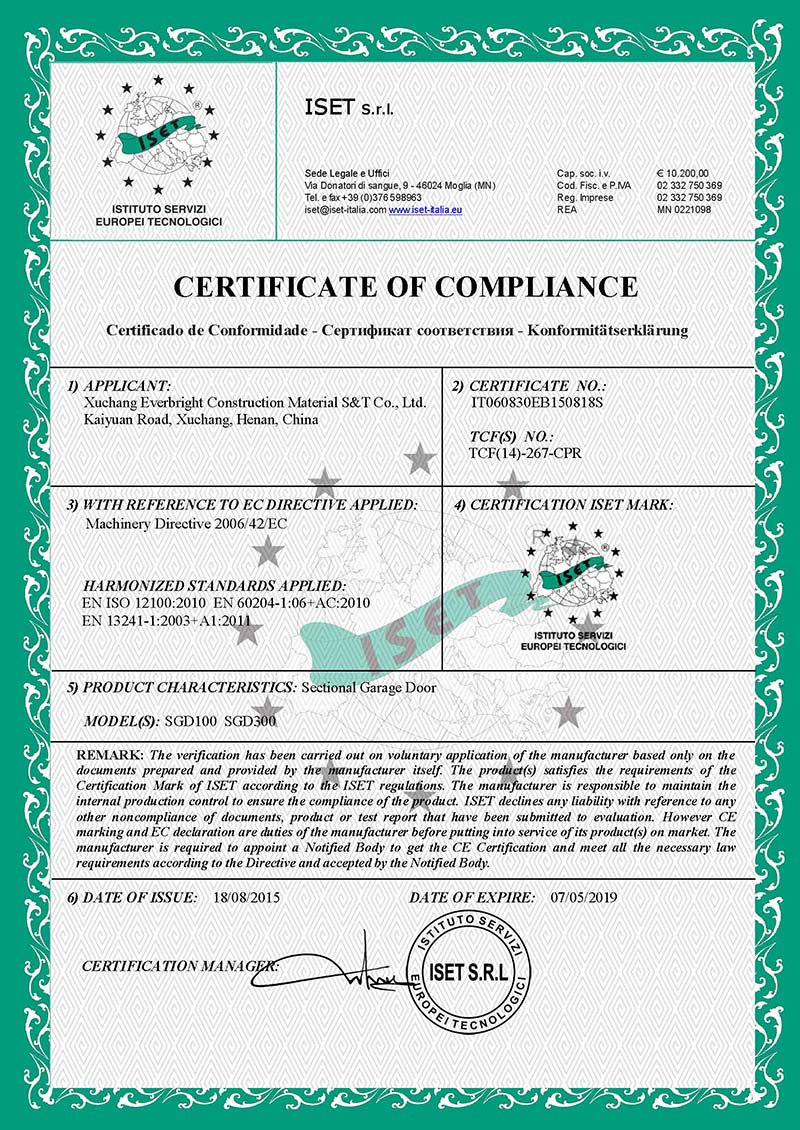 CE CERTIFICATE OF OVERHEAD GARAGE DOOR